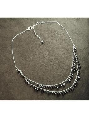 Vintage Double Strand Black Faceted Bead Dangle Necklace